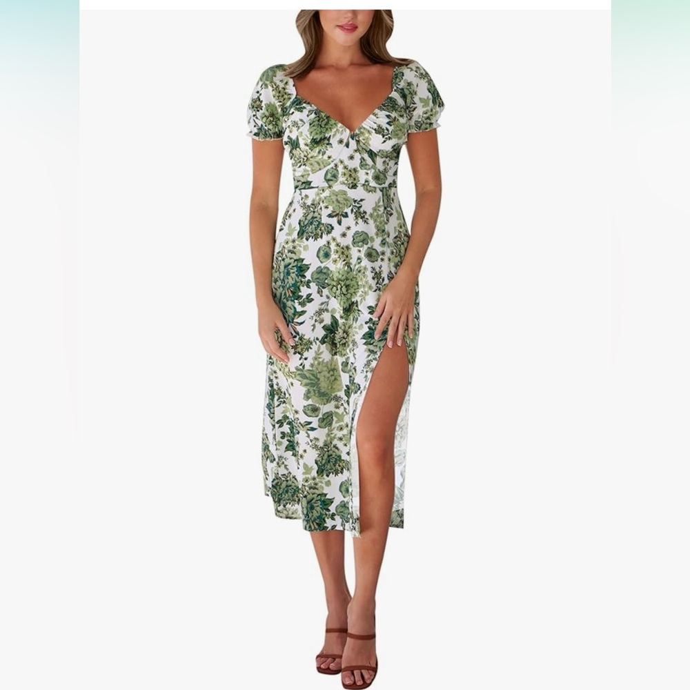 Sz M, Worn Once, Green Floral Dress with Side Slit.